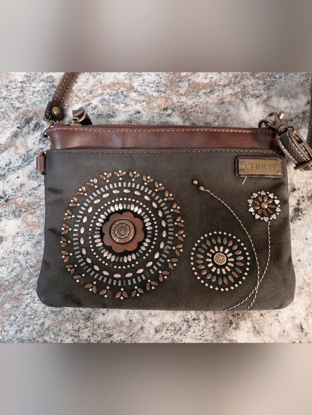 Chala Brown and Black Embellished Wristlet Clutch